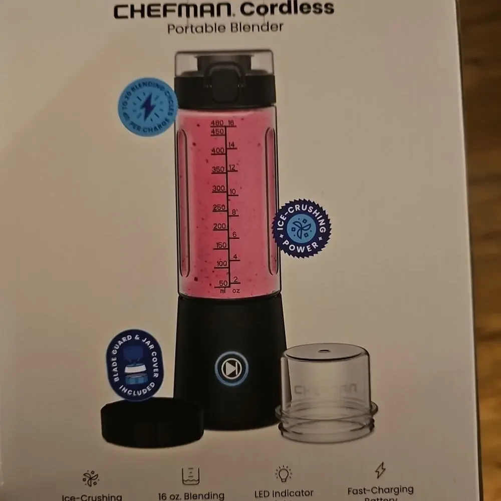 CHEFMAN Cordless Portable Blender Ice Crushing Power, 16 oz. Jar, LED Lights NIB